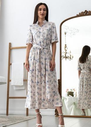 Жіночна міді штапельна сукня флорет-літо з коміром та кишенями 42-56 розміри різні кольори молоко2 фото