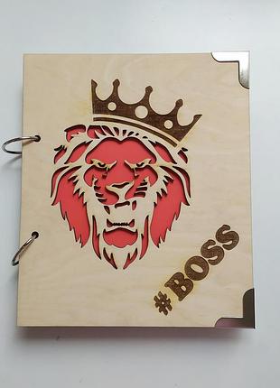 Деревянный блокнот "лев босс" (на кольцах с ручкой), ежедневник из дерева