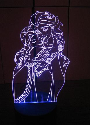 3d-світильник ельза і анна, холодне серце, frozen, 3д-нічник, кілька підсвічувань (на батарейці)