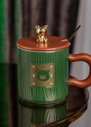 Чашка с крышкой и ложкой 300 мл керамическая "медвежонок" зеленая