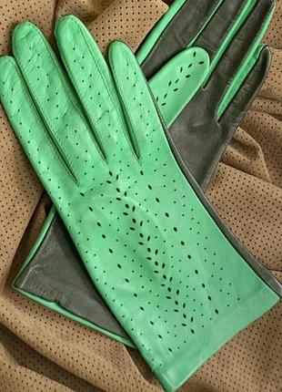 Жіночі шкіряні рукавички без підкладки з натуральної шкіри ягняти. колір салатовий+темно зелений. розмір 7"/19 см