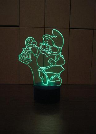 3d-светильник гномик с фонарем, 3д-ночник, несколько подсветок (батарейка+220в) подарок для маленького ребенка2 фото