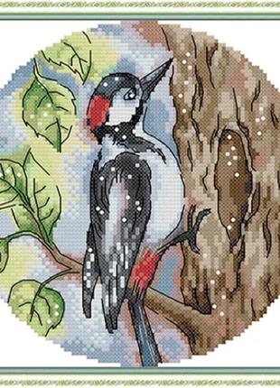 Набір для вишивання за нанесеною на канву схемою "woodpecker". aida 14ct printed, 21*21 см
