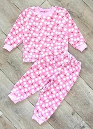 Пижама на девочку рост 110-116 см на 4-5 года детская с рисунком сердечки махра велсофт теплая 3766