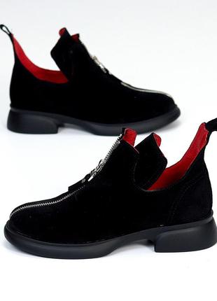 Дизайнерські чорні замшеві туфлі на блискавці, натуральна замша, низький хід