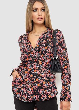 Блуза з квітковим принтом із рукавом, колір чорний, 244r075 xs, xs, 42