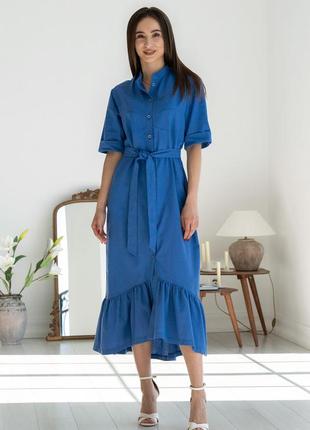 Лляне міді-плаття лусія з воланом вільного крою з поясом 42-56 розміри різні кольори синє9 фото