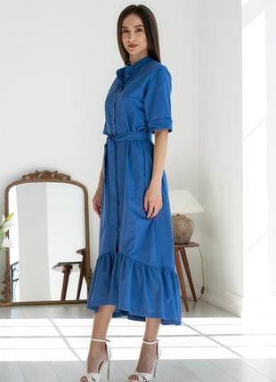 Лляне міді-плаття лусія з воланом вільного крою з поясом 42-56 розміри різні кольори синє8 фото