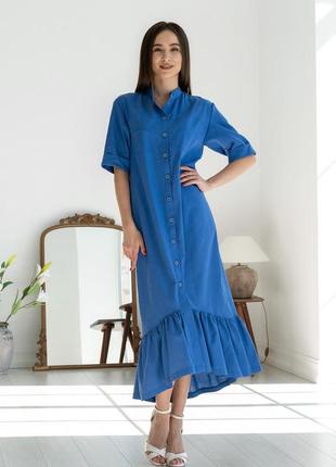 Лляне міді-плаття лусія з воланом вільного крою з поясом 42-56 розміри різні кольори синє3 фото