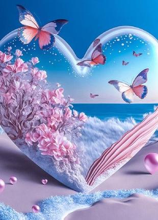 Алмазна мозаїка на підрамнику з голограмними стразами метелики в серці 40х50 tng1606