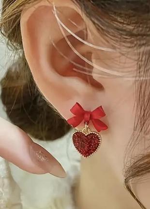 Сережки бижутерия красные бантики с сердечками