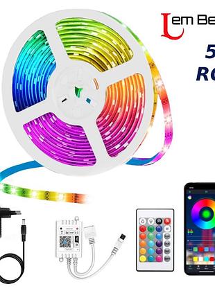 Світлодіодна led стрічка lem berger 150led rgb, 5 метрів, з пультом, з керуванням через додаток, водостійка, музична