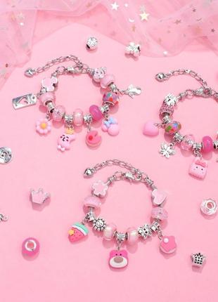 Набор для создания браслетов детский розовый зефир собери сам: шармы, бусины и шнурки для цепочек2 фото