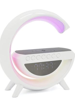 Настільна лампа-нічник bt-3401+годинник, bluetooth-колонка, бспровідна зарядка телефона, світло rgb, box склад