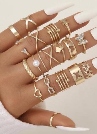 Набор колец колечек 18 шт много штук колечко кольцо на фалангу широкое тонкое бабочка сердце сердечко звезды цепь с камушками камнями золотистые