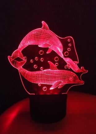 3d-светильник дельфины (семья), 3д-ночник, несколько подсветок (батарейка+220в)