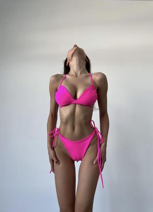 Жіночий рожевий роздільний купальник на зав‘язках біфлекс