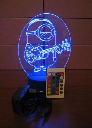 3d-светильник миньон гитарист, 3д-ночник, несколько подсветок (на пульте), подарок мальчику