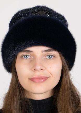 Зимняя трикотажная шапка с натуральным мехом норки
