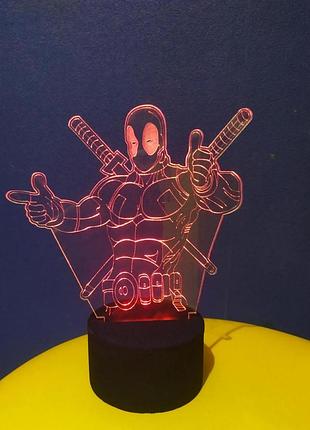 3d-светильник дэдпул, 3д-ночник, несколько подсветок (батарейка+220в)
