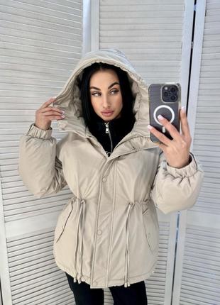Куртка пуффер пуховик з капюшоном довга подовжена тренд стильна зара zara на талії затяжка