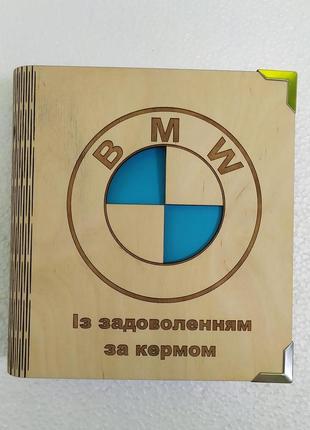 Деревянный блокнот "bmw" (на цельной обложке с ручкой), ежедневник из дерева, сувенир автомобилисту