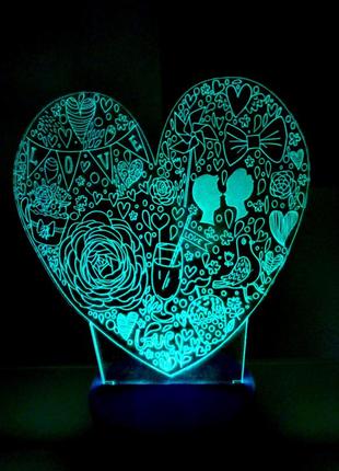3d-світильник серце love, 3д-нічник, кілька підсвічувань (батарейка+220в)