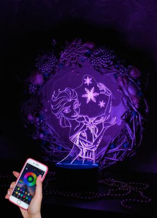3d-светильник эльза frozen, 3д-ночник, несколько подсветок (bluetooth), подарок маленькой девочке