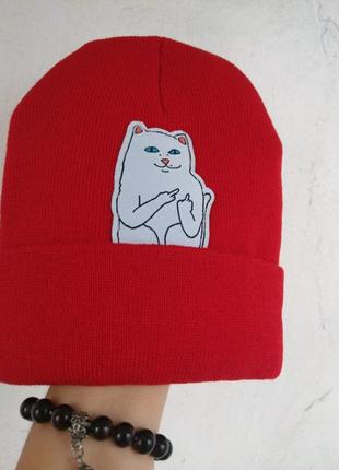 Шапка мужская кот фак бини унисекс дерзкий котик с отворотом