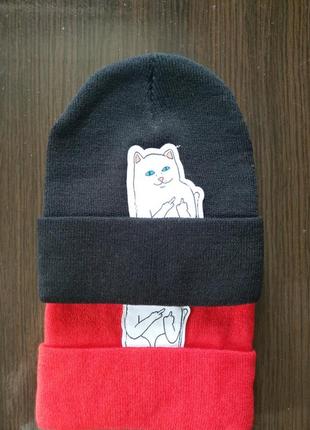 Шапка мужская кот фак бини унисекс дерзкий котик с отворотом