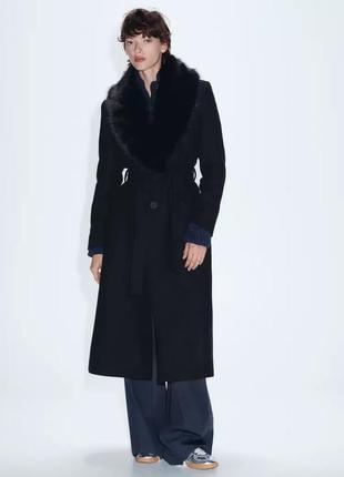Пальто женское черное шерстяное с мехом zara new