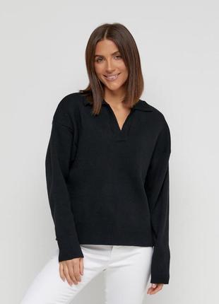 Черный оверсайз свитер поло с воротником с добавлением шерсти