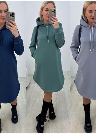 Теплое спортивное платье туника с капюшоном в расцветках рр 42-523 фото