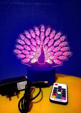 3d-світильник павич, 3д-нічник, кілька підсвічувань (на пульті)