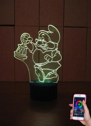 3d-світильник гномик з ліхтарем, 3д-нічник, кілька підсвічувань (на bluetooth), подарунок дитині