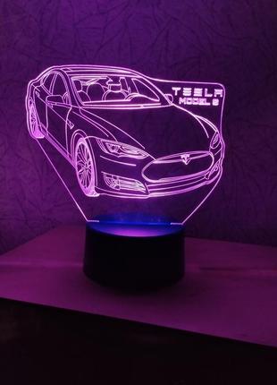 3d-светильник тесла tesla s, 3д-ночник, несколько подсветок (на пульте), подарок автолюбителю