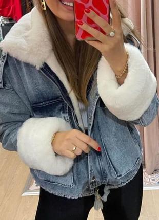 Куртка джинсовка оверсайз с мехом, тепла джинсова куртка