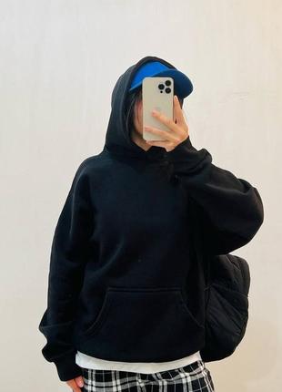 Худи женское оверсайз теплое на флисе однотонное с капишоном свободного кроя качественное стильное базовое черное бежевое