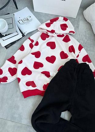 Костюм спортивный женский теплый на флисе оверсайз худи с капишоном с принтом брюки на высокой посадке качественный стильный черный