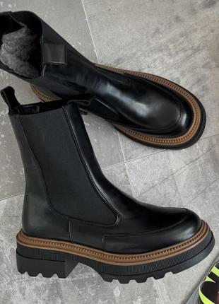 Ботинки женские кожаные зимние, челси без застежки, теплые на меху, черные3 фото