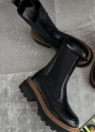 Ботинки женские кожаные зимние, челси без застежки, теплые на меху, черные2 фото