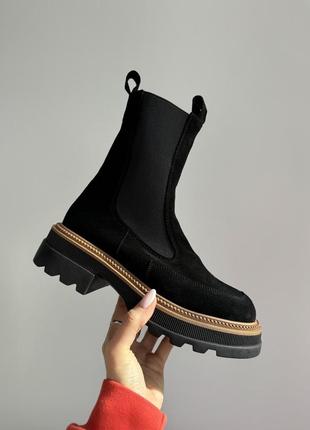 Ботинки женские замшевые зимние, челси без застежки, теплые на меху, черные5 фото