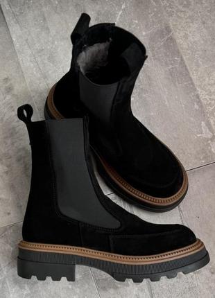 Ботинки женские замшевые зимние, челси без застежки, теплые на меху, черные4 фото