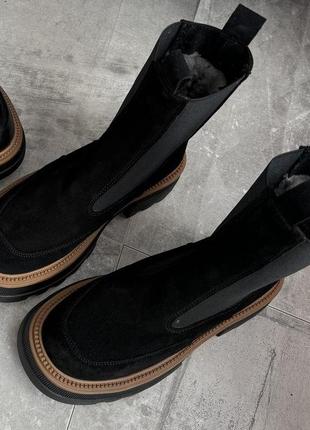 Ботинки женские замшевые зимние, челси без застежки, теплые на меху, черные2 фото