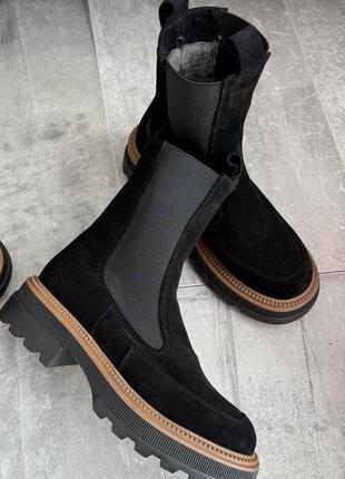 Ботинки женские замшевые зимние, челси без застежки, теплые на меху, черные3 фото