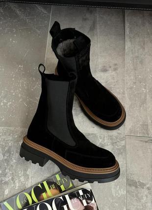 Ботинки женские замшевые зимние, челси без застежки, теплые на меху, черные