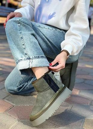 Натуральная замша, модные женские угги хаки