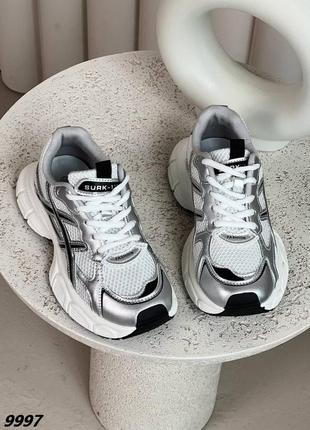 Белые серебряные женские спортивные кроссовки тканые текстильные на утолщенной подошве кроссовки в спортивном стиле8 фото