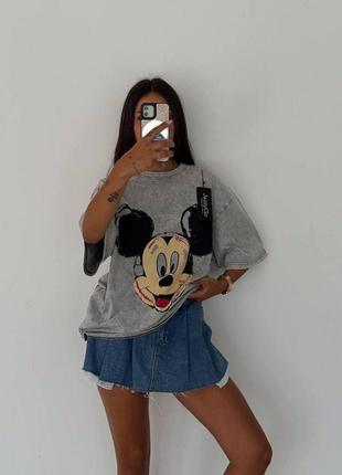 Рваная женская футболка тай-дай варенка с микки, серая футболка овесрайз 42/48