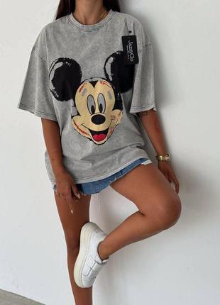 Рваная женская футболка тай-дай варенка с микки, серая футболка овесрайз 42/48